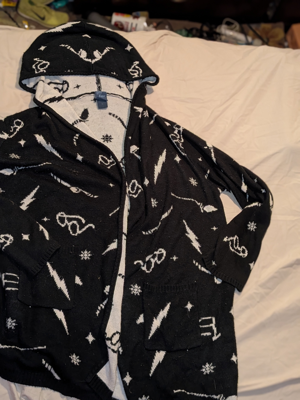 Black Hooded Cardigan with White Lightning & Glasses Motif
